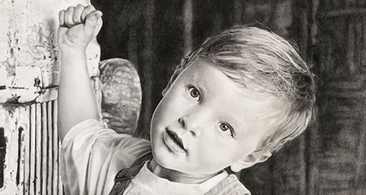 Graphite drawing of “Stephan” a young Caucasian boy in a white tee shirt and jean overalls next to a paint peeled automobile.