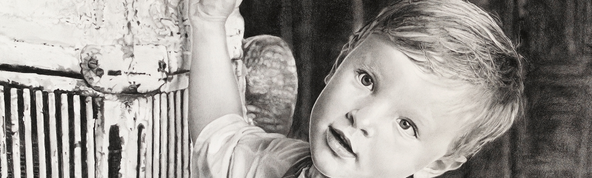 Graphite drawing of “Stephan” a young Caucasian boy in a white tee shirt and jean overalls next to a paint peeled automobile.